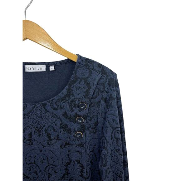 HABITAT Top Womens Blue Jacquard Medium Black Print Long Sleeve Asymmetric - Picture 9 of 12